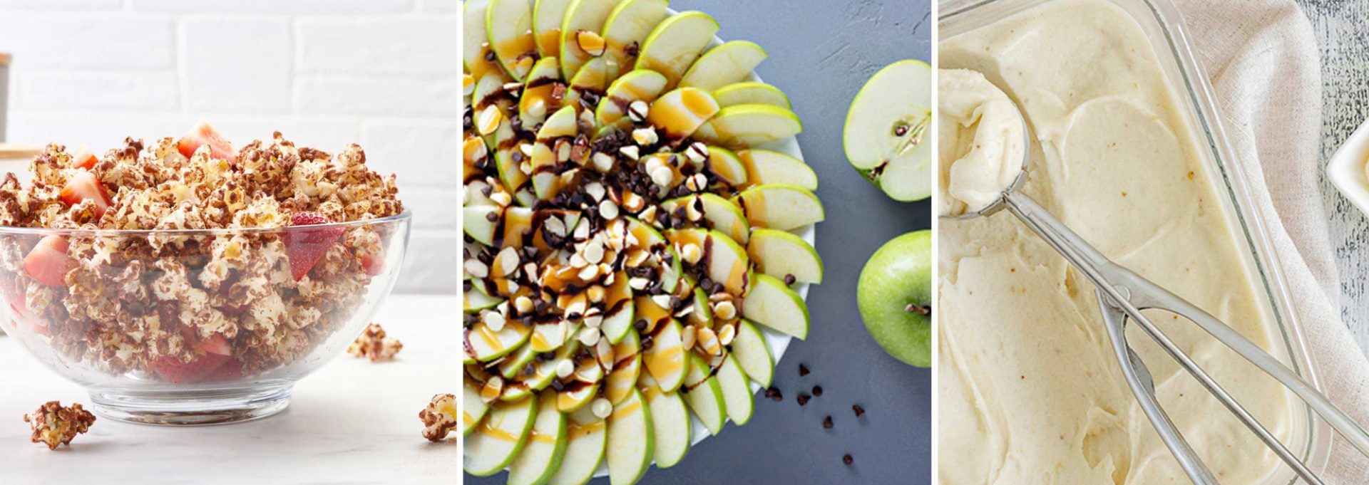 Three photos of healthy snacks: apple nachos, chocolate protein popcorn and banana ice cream.