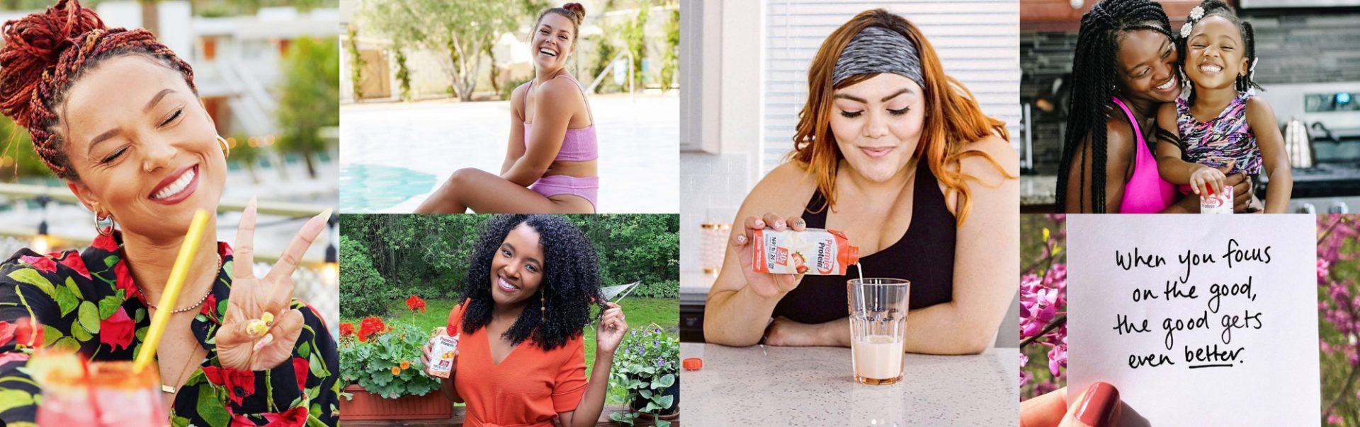 A long collage of healthy women living their best life.