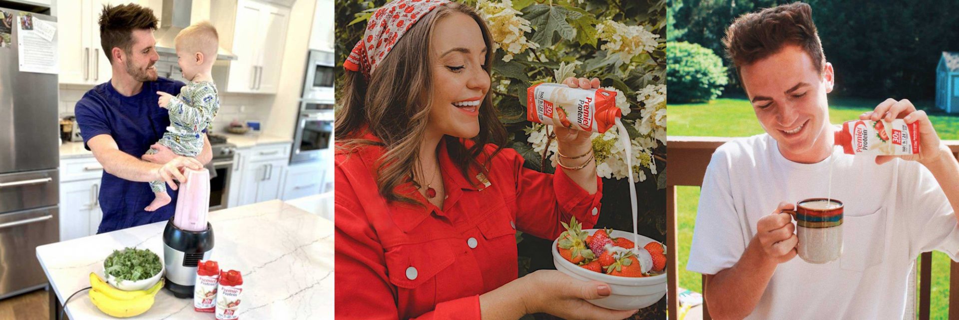 A man in the kitchen making a smoothie. A woman pouring Premier Protein onto strawberries and a teenager pouring Premier Protein into his coffee.