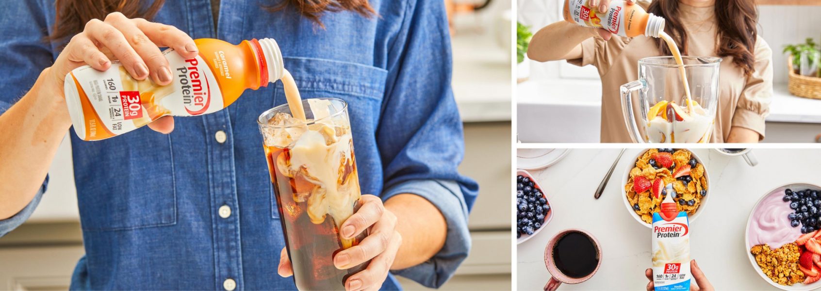 A woman pouring a Premier Protein shake into a glass, a women pouring a Premier Protein shake into a blender, and a hand pouring Premier Protein into a bowl of Cereal.