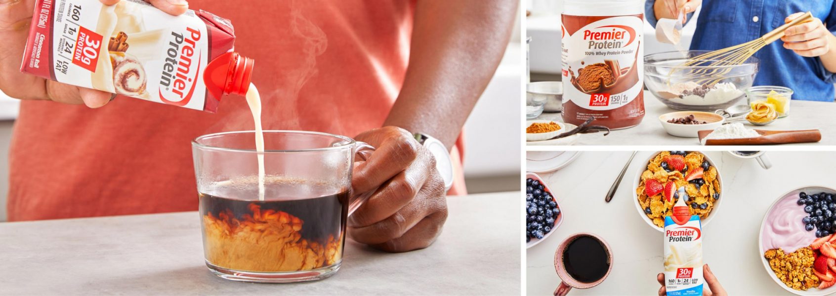 Three photos. One is a man pouring a Premier Protein Shake into his coffee. The second is someone baking with Premier Protein Powder. Last is a Premier Protein shake being poured into a bowl of cereal.