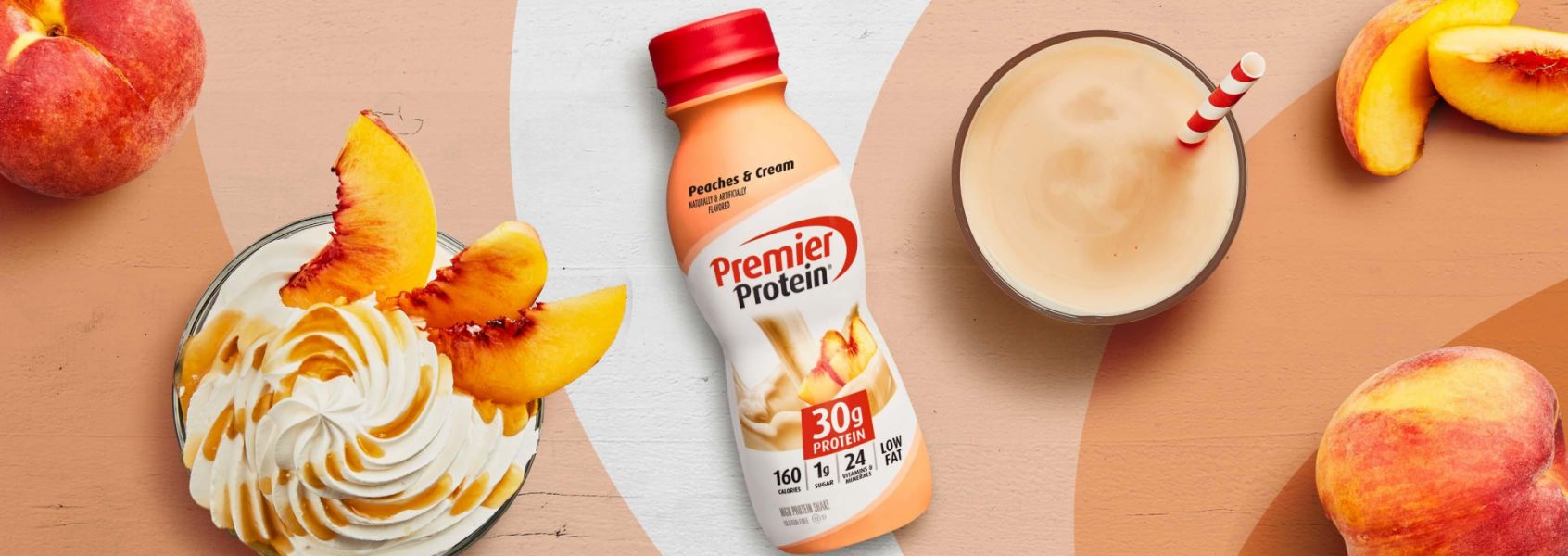A photo of Premier Protein 11.5oz Peaches & Cream Protein Shake