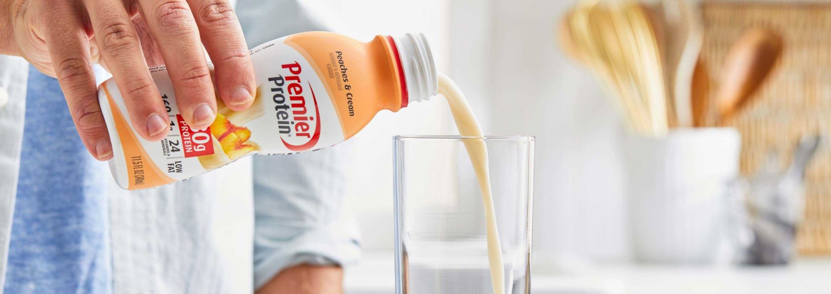 A photo of Premier Protein 11.5oz Peaches & Cream Protein Shake