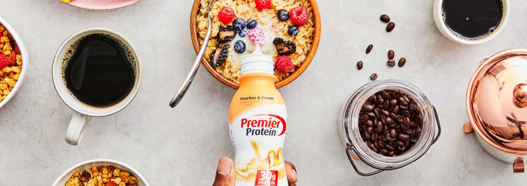 A photo of Premier Protein 11.5oz Peaches & Cream Protein Shake