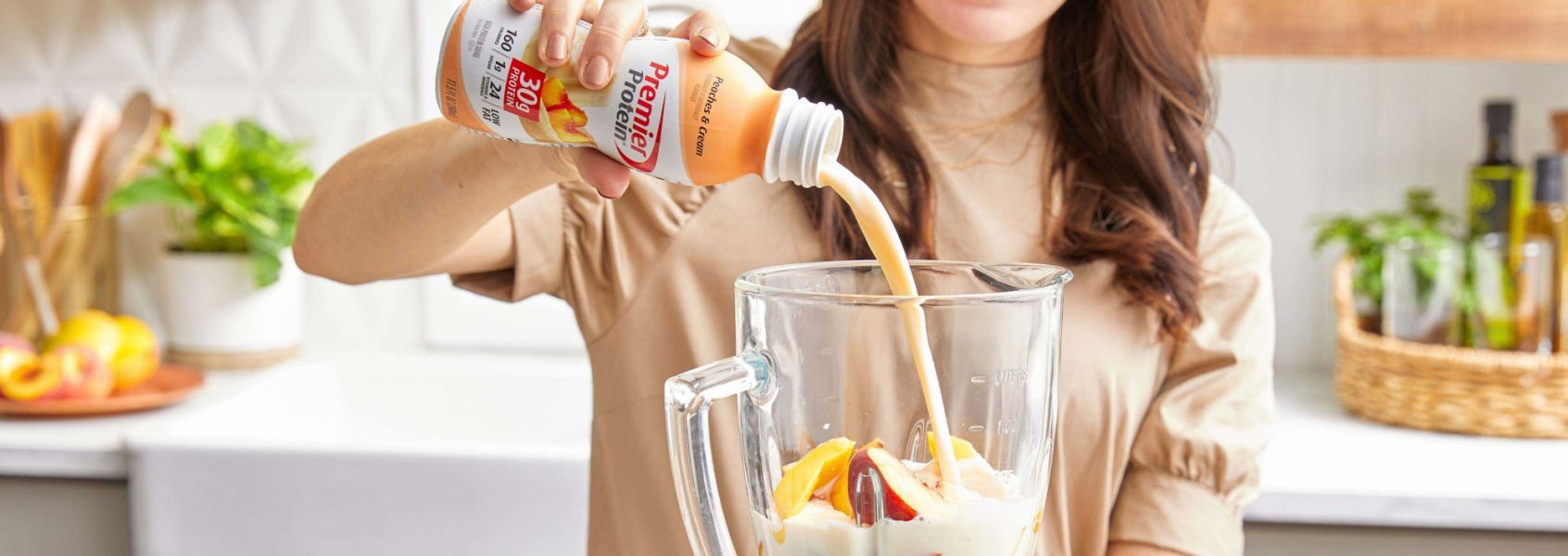A photo of Premier Protein 11.5oz Peaches & Cream Protein Shake